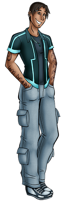 Dennis is the first human character I created for Battle Kreaturez, way back in 1999. He's changed a lot over the years, but his knowledge about Kreatures and his empathetic nature towards them have remained his definitive traits. I've always considered him the "default" protagonist, though Battle Kreaturez has become more of an ensemble series since then. His age, experience and appearance are pretty unconventional for a main character! Dennis01