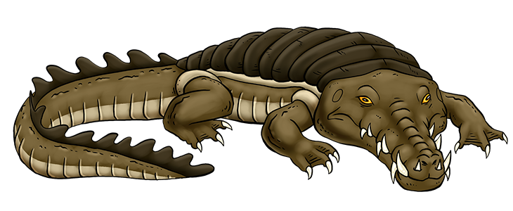 I wanted a good crocodilian monster, so to this end I based Tuskrok on a composite of various extinct Temnospondyl amphibians and crocodyloforms, in particular Mastodonsaurus and Kaprosuchus. Tuskrok01